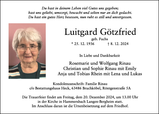 Traueranzeige von Luitgard Götzfried von FZ