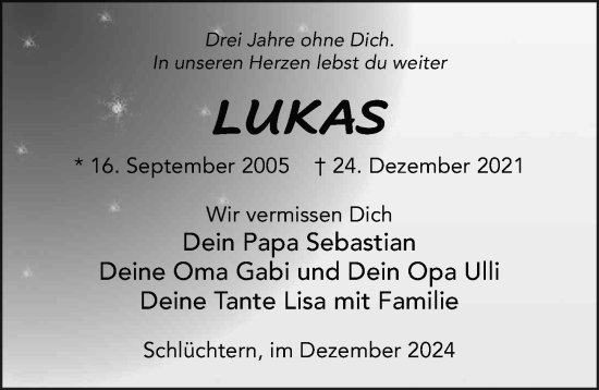 Traueranzeige von Lukas Graper von FZ