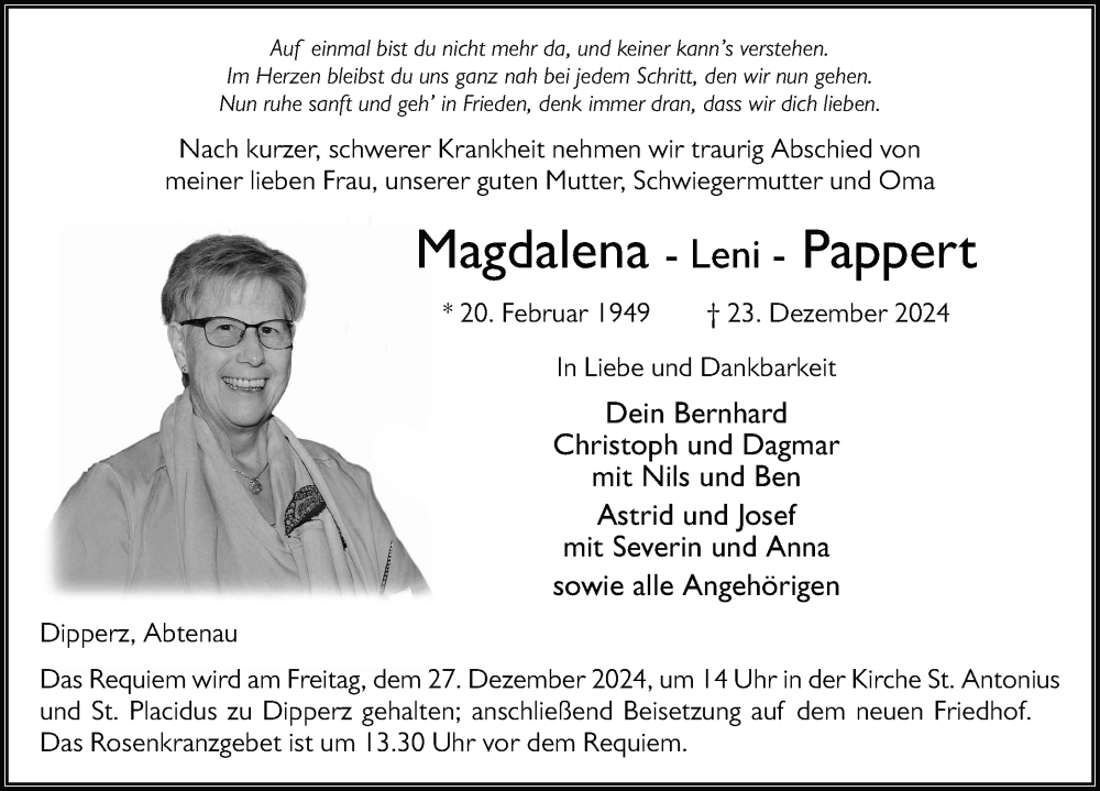  Traueranzeige für Magdalena Pappert vom 24.12.2024 aus FZ