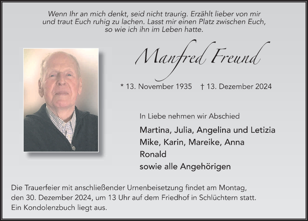  Traueranzeige für Manfred Freund vom 21.12.2024 aus FZ