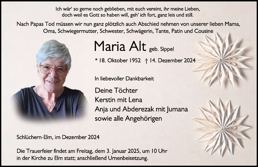  Traueranzeige für Maria Alt vom 28.12.2024 aus FZ