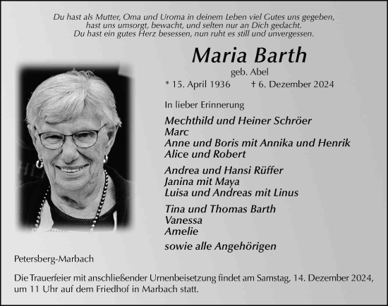 Traueranzeige von Maria Barth von FZ