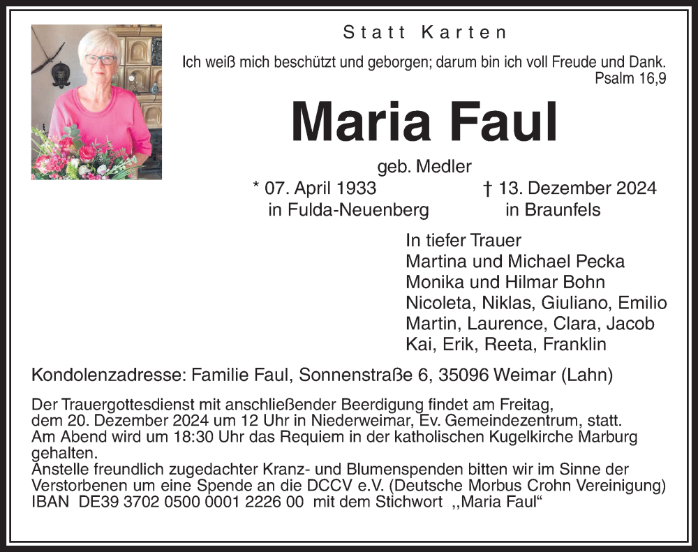  Traueranzeige für Maria Faul vom 18.12.2024 aus FZ