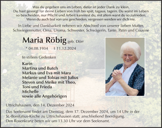 Traueranzeige von Maria Röbig von FZ