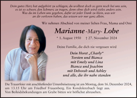 Traueranzeige von Marianne Lobe von FZ