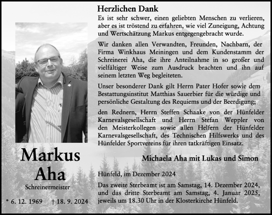 Traueranzeige von Markus Aha von FZ