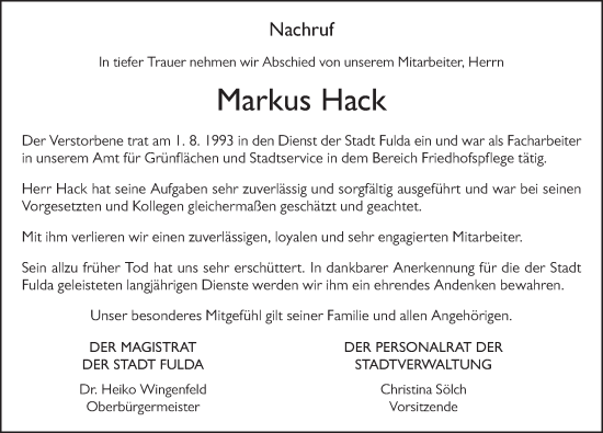 Traueranzeige von Markus Hack von FZ