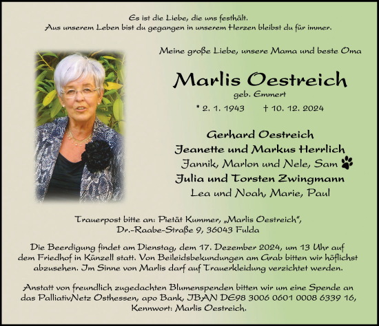 Traueranzeige von Marlis Oestreich von FZ