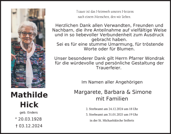 Traueranzeige von Mathilde Hick von FZ
