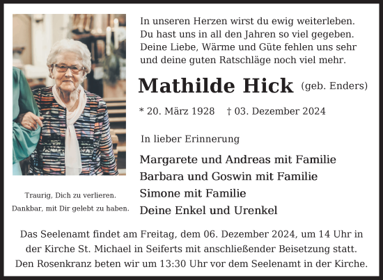 Traueranzeige von Mathilde Hick von 1