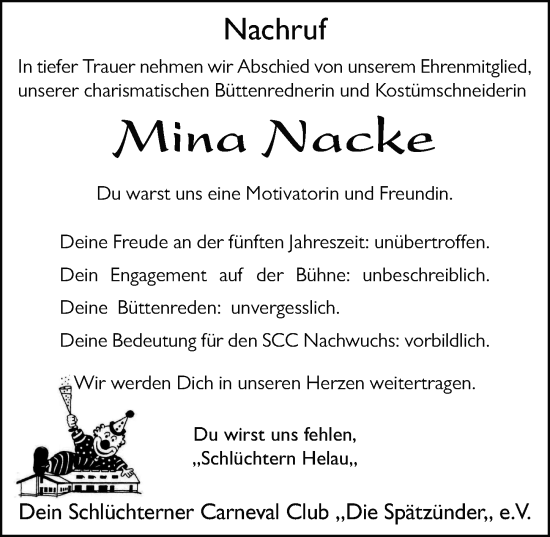 Traueranzeige von Mina Nacke von FZ
