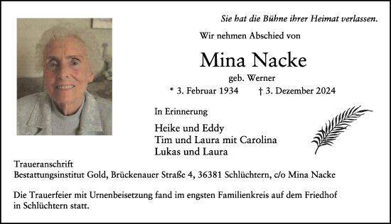 Traueranzeige von Mina Nacke von FZ