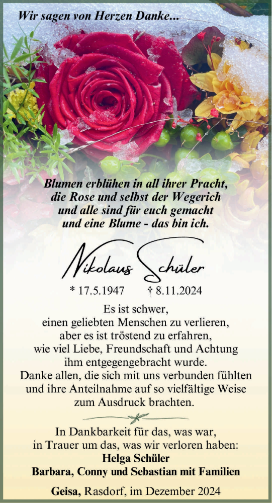 Traueranzeige von Nikolaus Schüler von FZ
