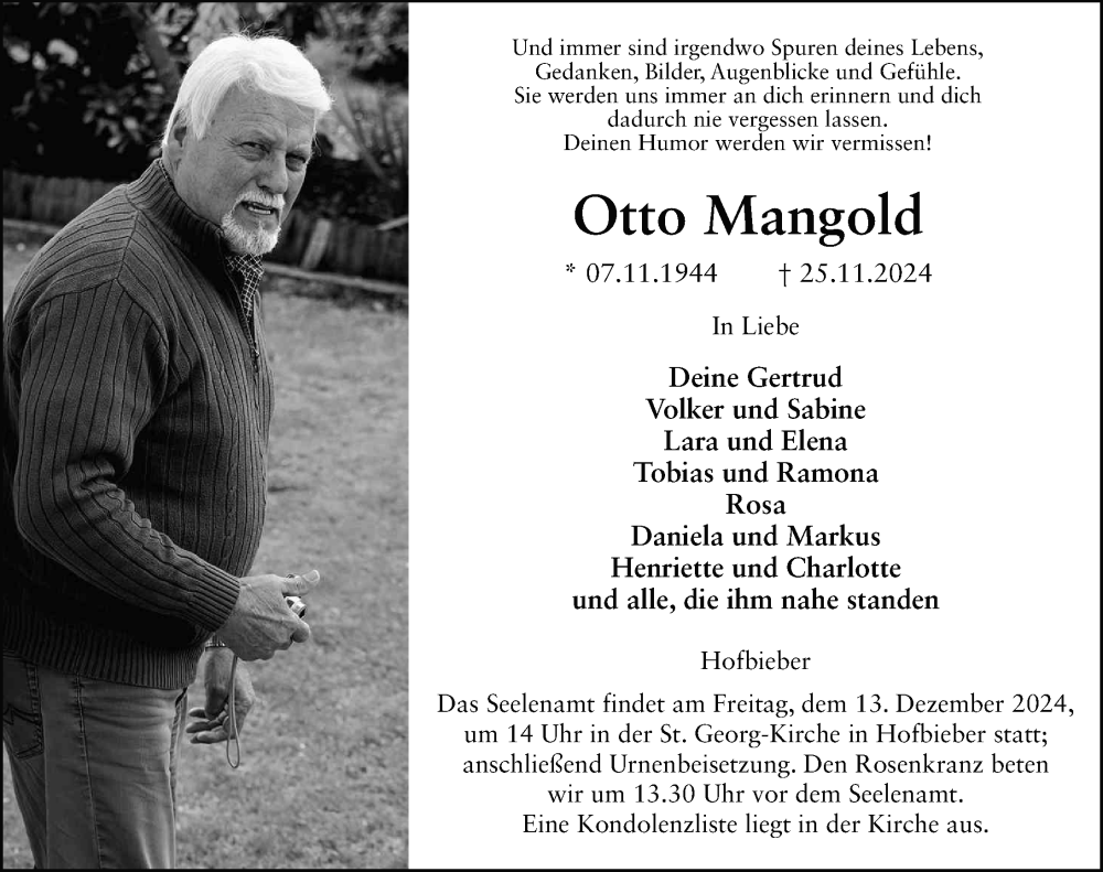  Traueranzeige für Otto Mangold vom 09.12.2024 aus FZ