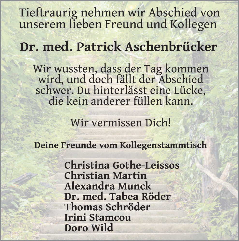  Traueranzeige für Patrick Aschenbrücker vom 21.12.2024 aus FZ