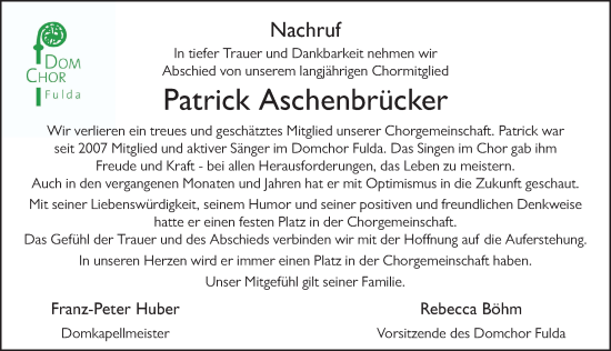 Traueranzeige von Patrick Aschenbrücker von FZ
