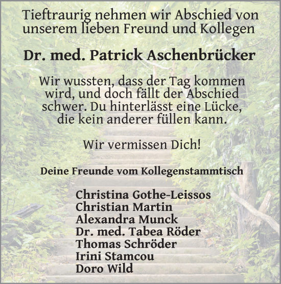 Traueranzeige von Patrick Aschenbrücker von FZ