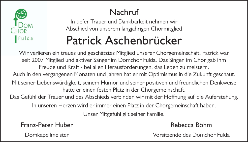  Traueranzeige für Patrick Aschenbrücker vom 21.12.2024 aus FZ