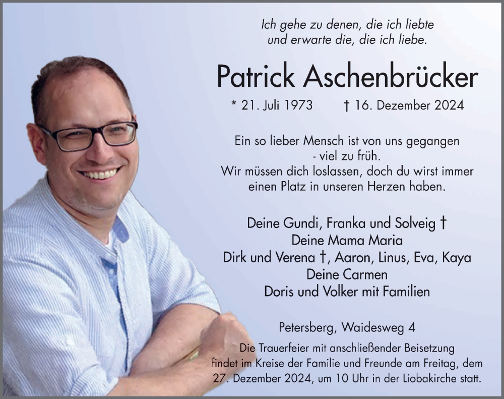  Traueranzeige für Patrick Aschenbrücker vom 21.12.2024 aus FZ