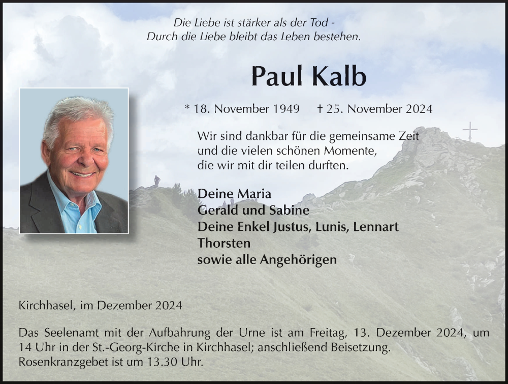  Traueranzeige für Paul Kalb vom 10.12.2024 aus FZ