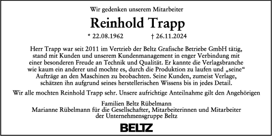 Traueranzeige von Reinhold Trapp von FZ