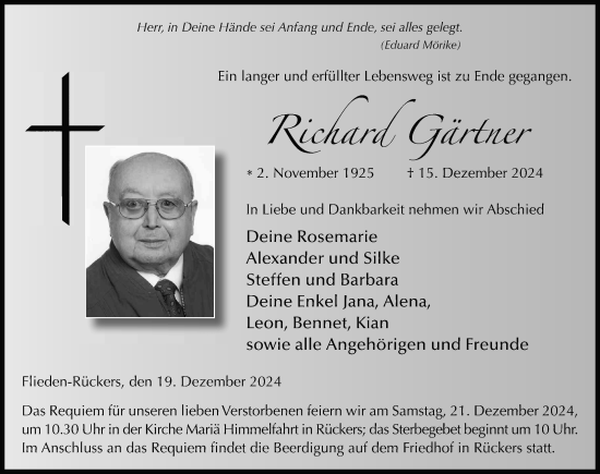Traueranzeige von Richard Gärtner von FZ