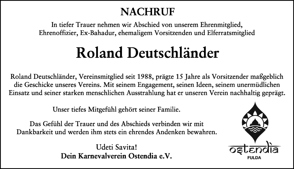  Traueranzeige für Roland Deutschländer vom 06.12.2024 aus FZ