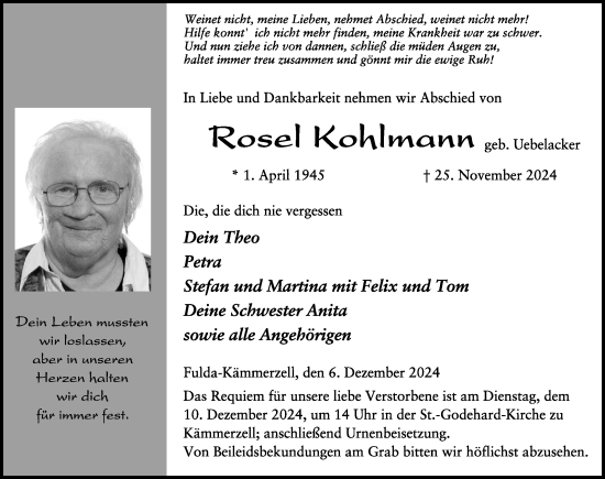 Traueranzeige von Rosel Kohlmann von FZ