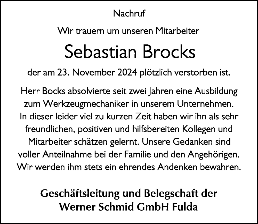  Traueranzeige für Sebastian Brocks vom 14.12.2024 aus FZ