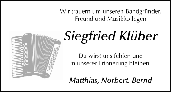 Traueranzeige von Siegfried Klüber von FZ