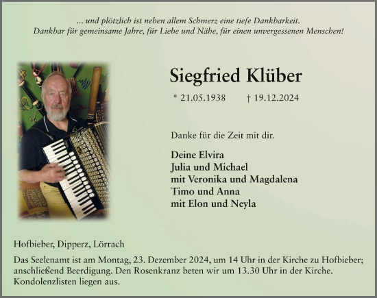 Traueranzeige von Siegfried Klüber von FZ