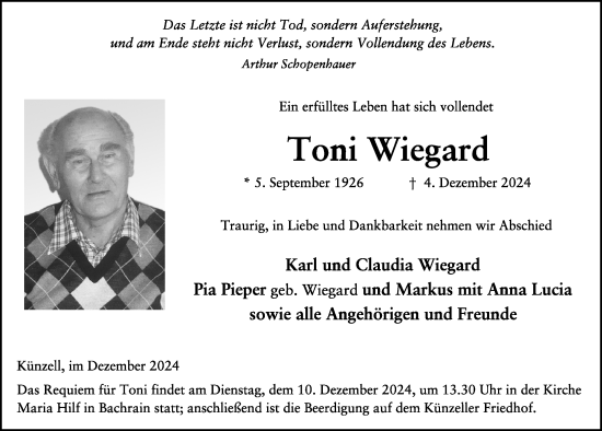 Traueranzeige von Toni Wiegard von FZ