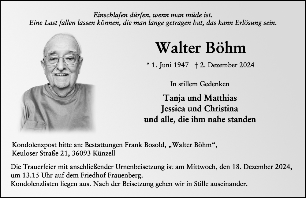  Traueranzeige für Walter Böhm vom 14.12.2024 aus FZ
