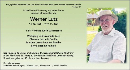 Traueranzeige von Werner Lutz von FZ