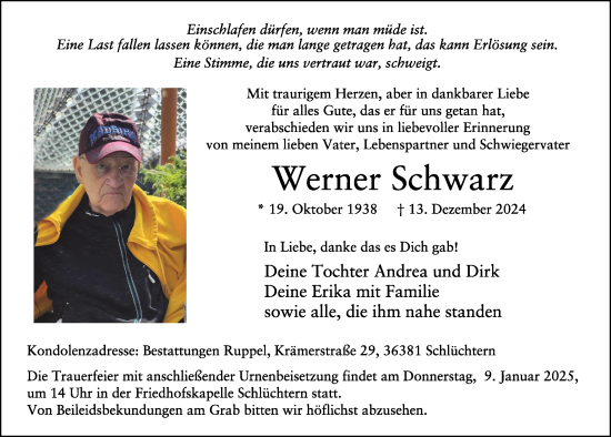 Traueranzeige von Werner Schwarz von FZ