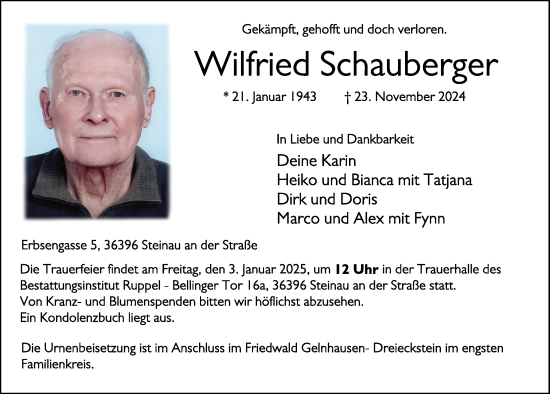 Traueranzeige von Wilfried Schauberger von FZ