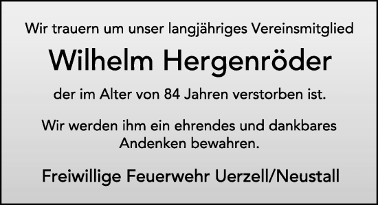 Traueranzeige von Wilhelm Hergenröder von FZ