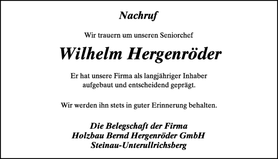 Traueranzeige von Wilhelm Hergenröder von FZ