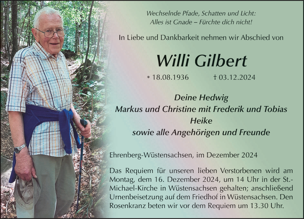  Traueranzeige für Willi Gilbert vom 12.12.2024 aus FZ