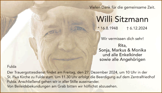 Traueranzeige von Willi Sitzmann von FZ