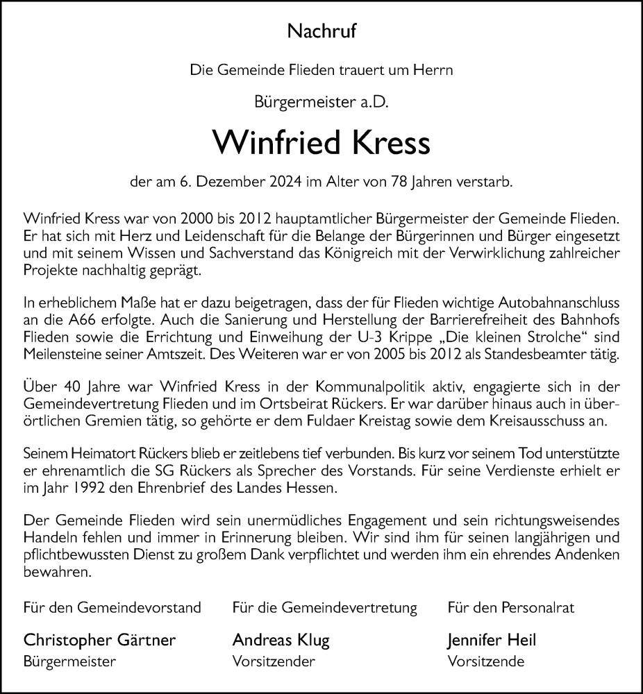 Traueranzeige für Winfried Kress vom 12.12.2024 aus FZ