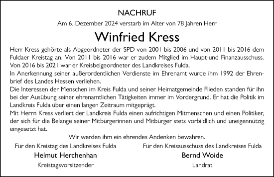 Traueranzeige von Winfried Kress von FZ
