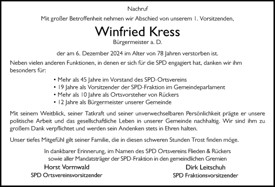 Traueranzeige von Winfried Kress von FZ