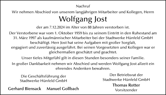 Traueranzeige von Wolfgang Jost von FZ