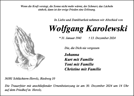 Traueranzeige von Wolfgang Karolewski von FZ