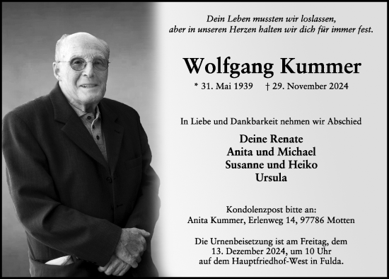 Traueranzeige von Wolfgang Kummer von FZ