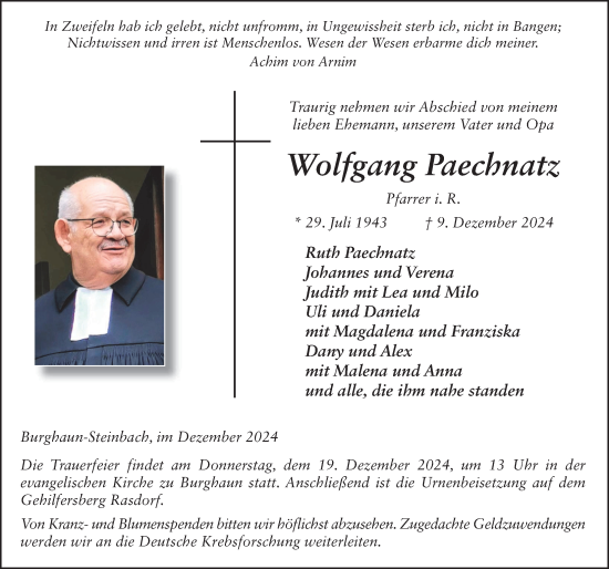 Traueranzeige von Wolfgang Paechnatz von FZ