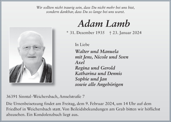 Traueranzeige von Adam Lamb von FZ
