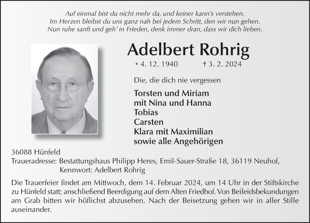  Traueranzeige für Adelbert Rohrig vom 10.02.2024 aus FZ