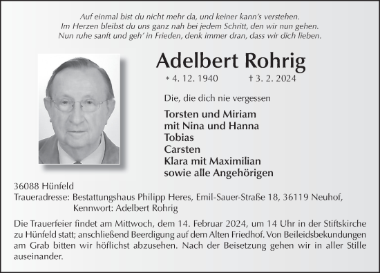Traueranzeige von Adelbert Rohrig von FZ
